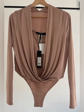 BCBG Ribbed Long Sleeve Wrap Bodysuit in Roebuck Size Small